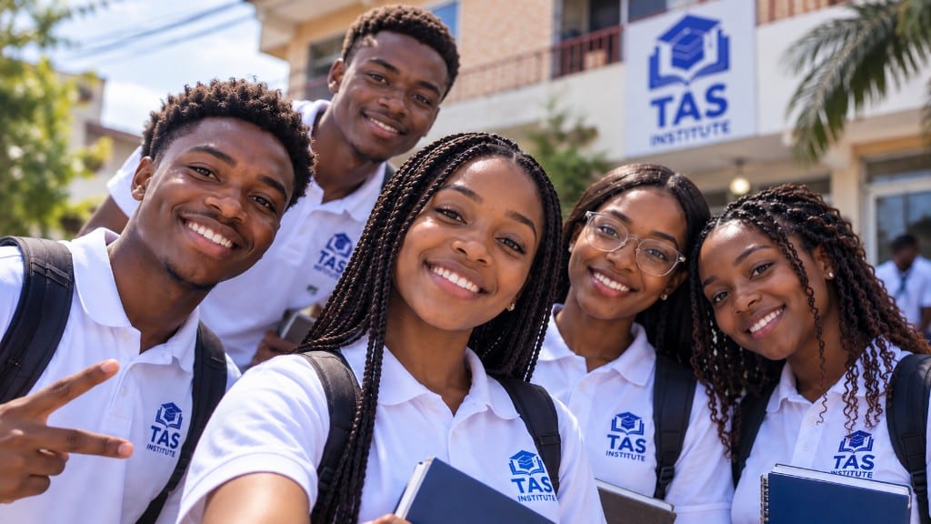 Étudiants souriants devant le bâtiment de TAS English Institute