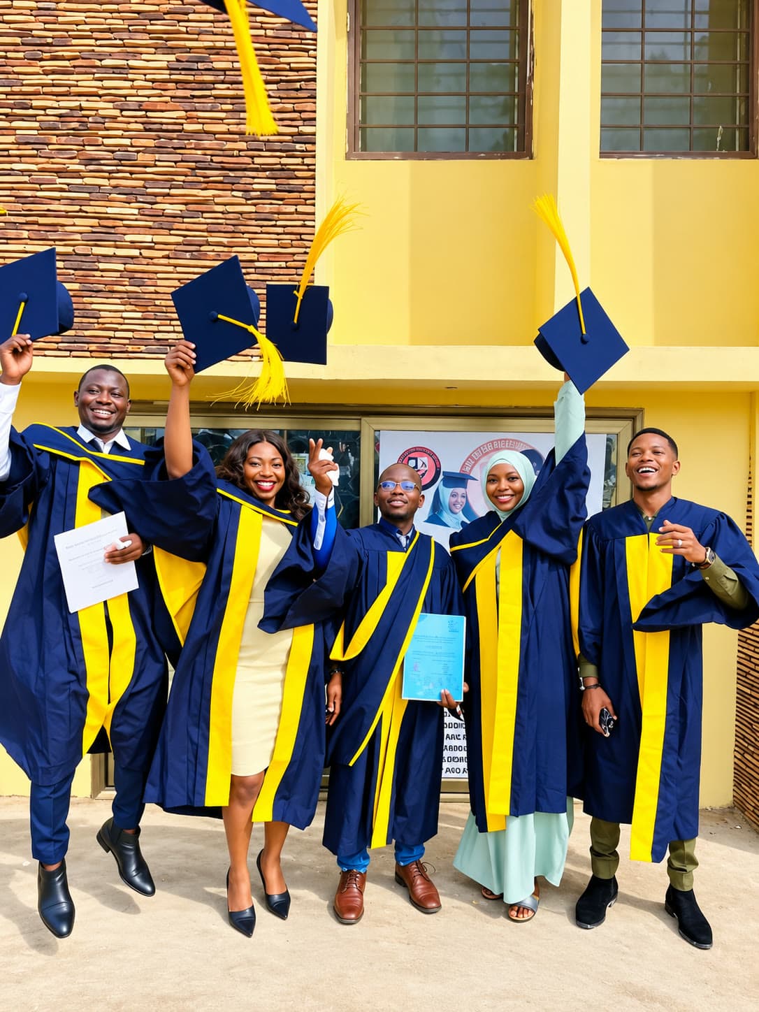 Des diplômés lancent leurs toques devant l'école